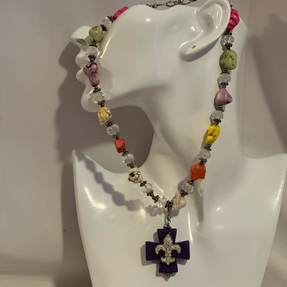 Fleur de lis Purple Cross multi stone
